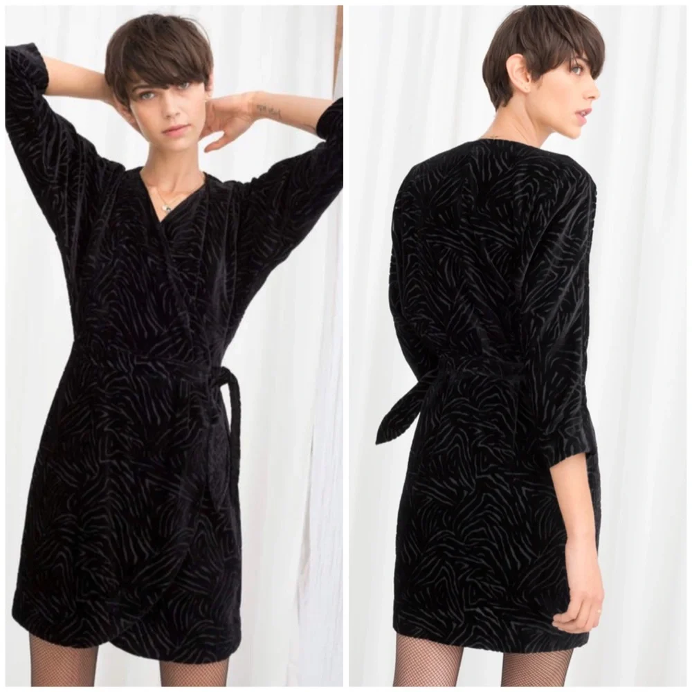 Paris Atelier & Other Stories Black Zebra Texture  Velvet Wrap Dress Size Small - Picture 15 of 15